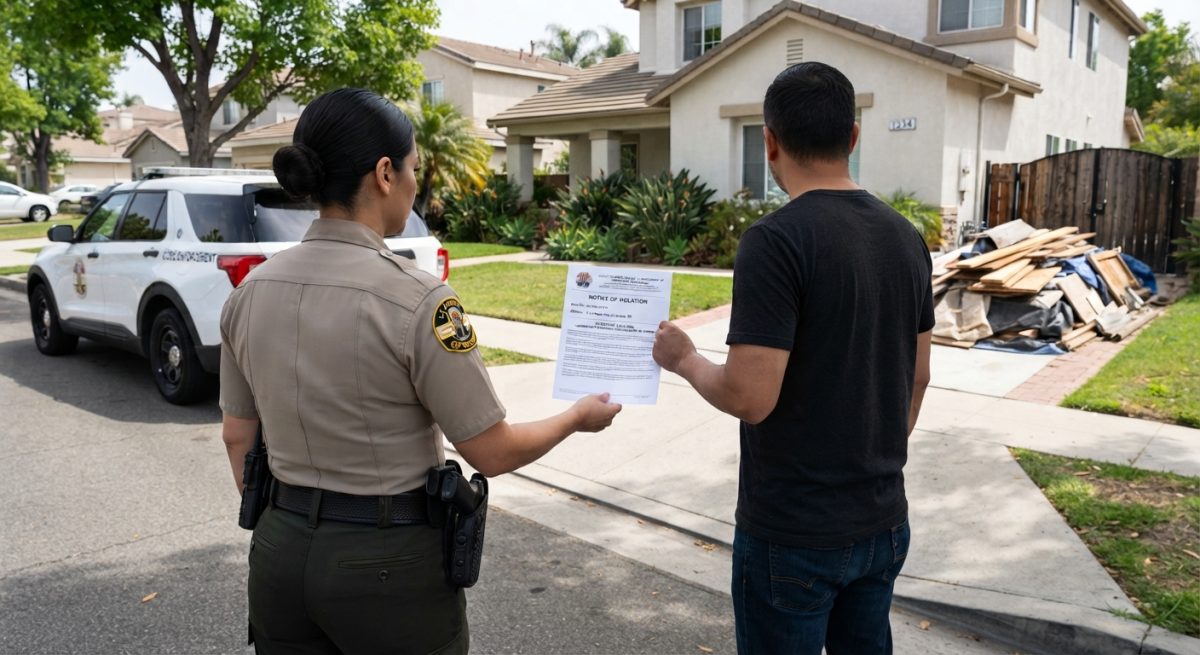 A code enforcement officer hands a violation notice to a homeowner in front of a suburban house, with both individuals seen from behind.