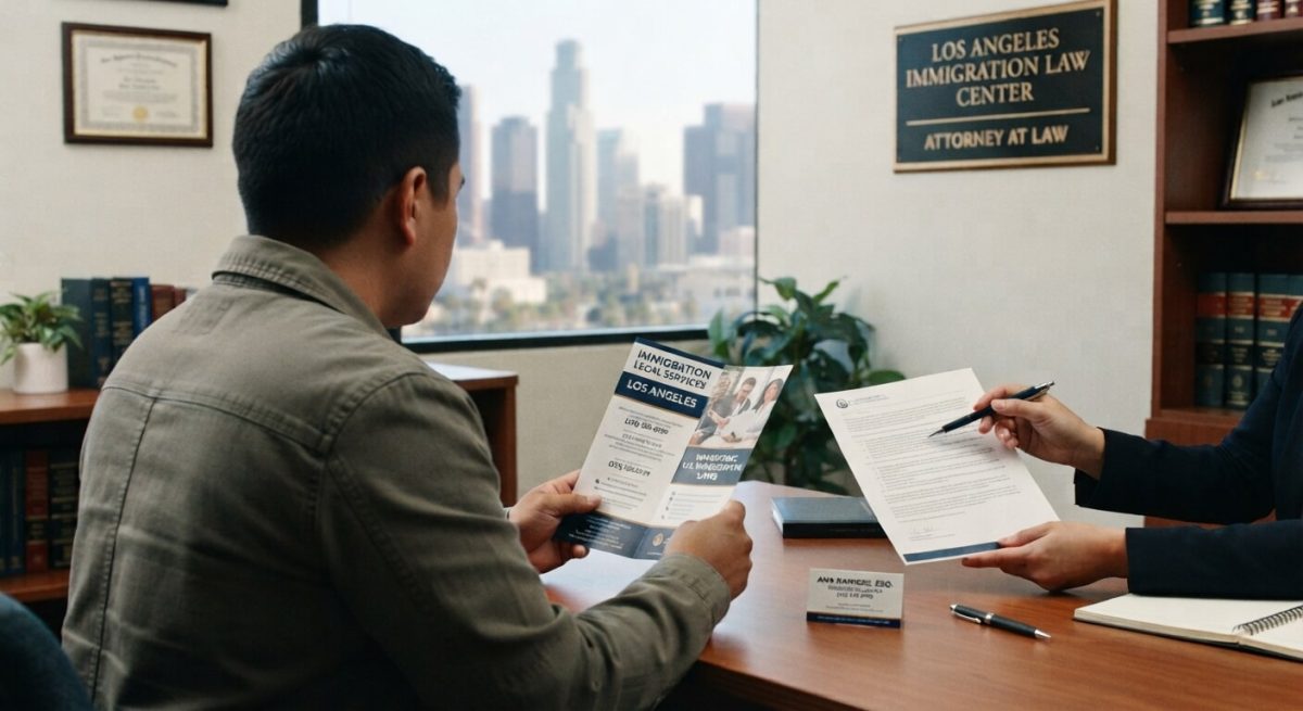 Client reviewing an immigration services brochure with an attorney in a Los Angeles office overlooking the city skyline, with no faces visible.