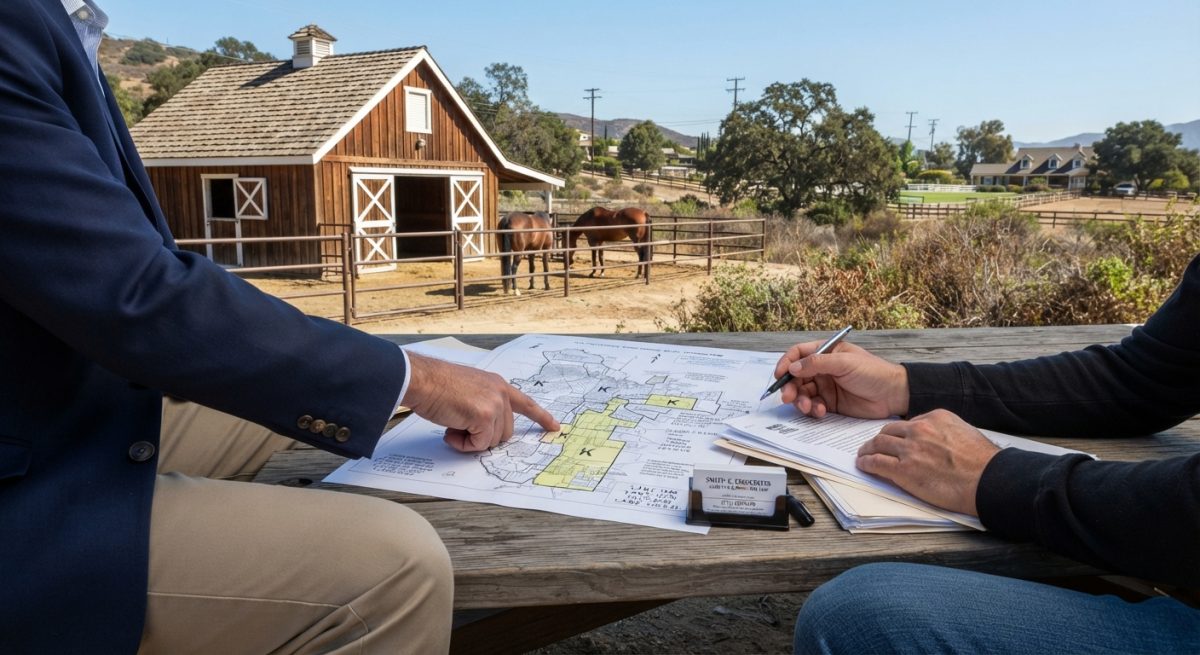 Two people reviewing an LA zoning map and legal documents outdoors near an equestrian stable.