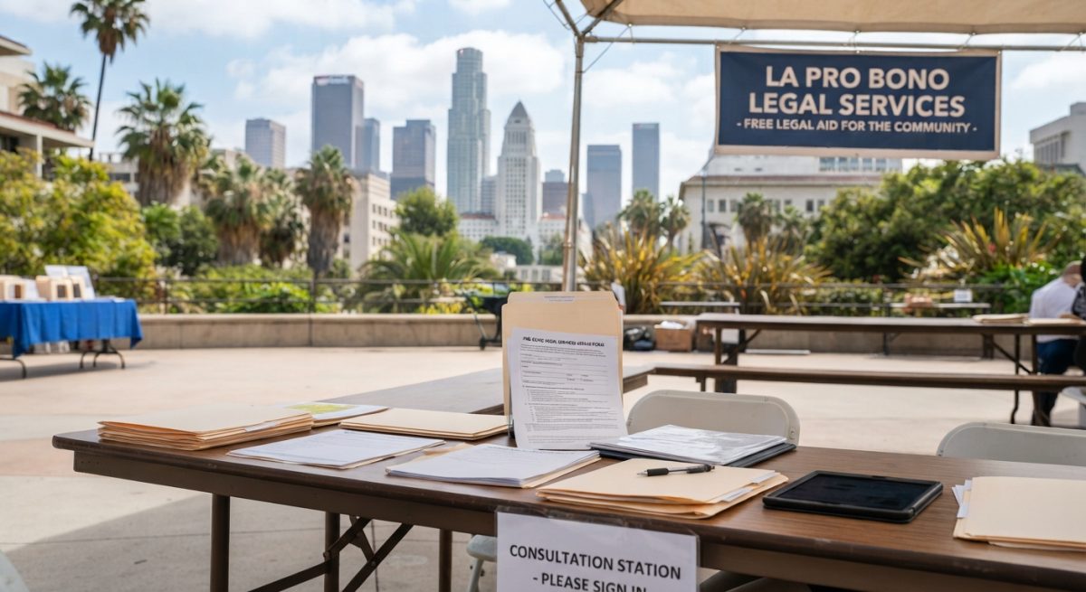 An outdoor legal aid consultation station set up on a plaza with the Los Angeles skyline in the background.