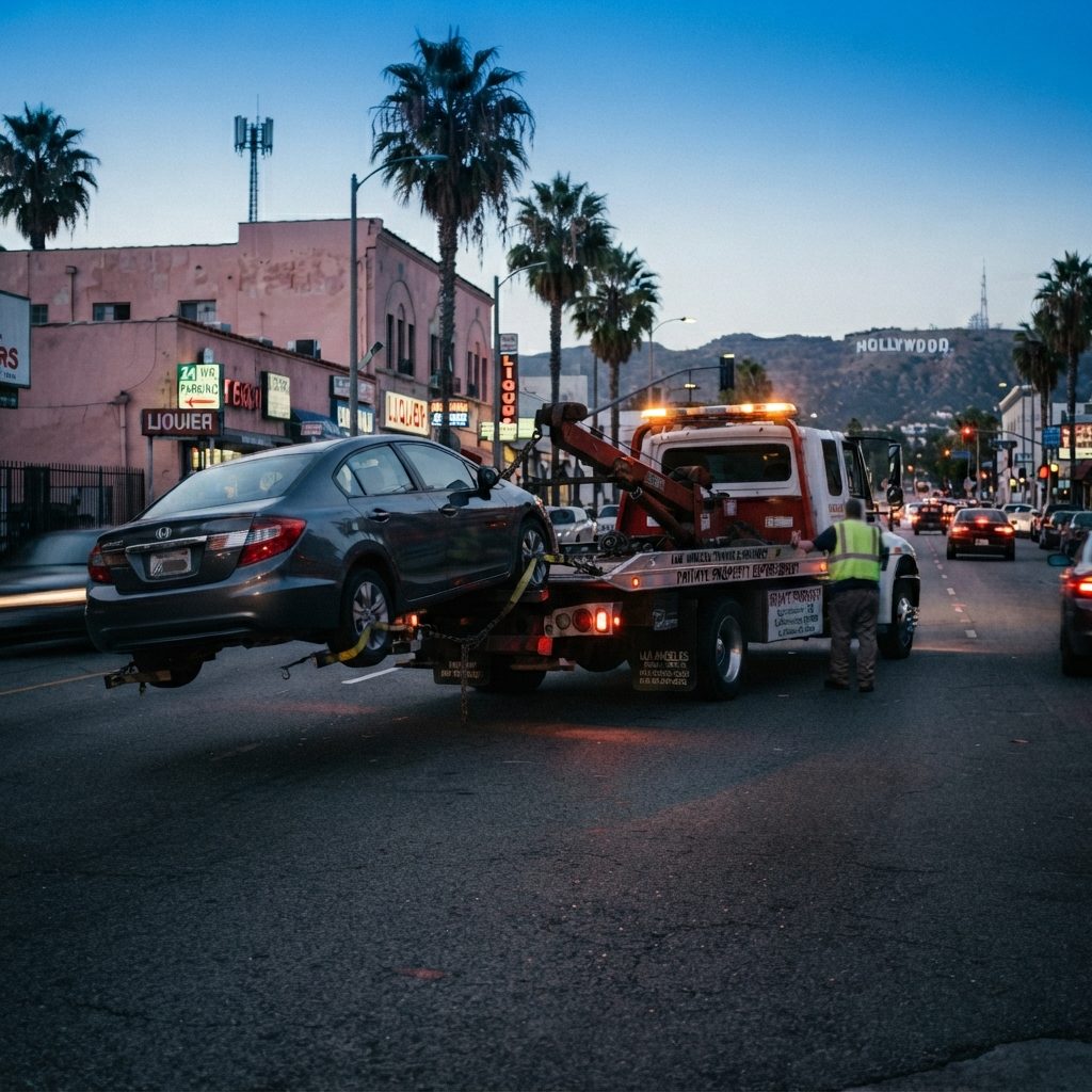Tow truck towing a car on a Los Angeles street with the Hollywood sign visible in the background.